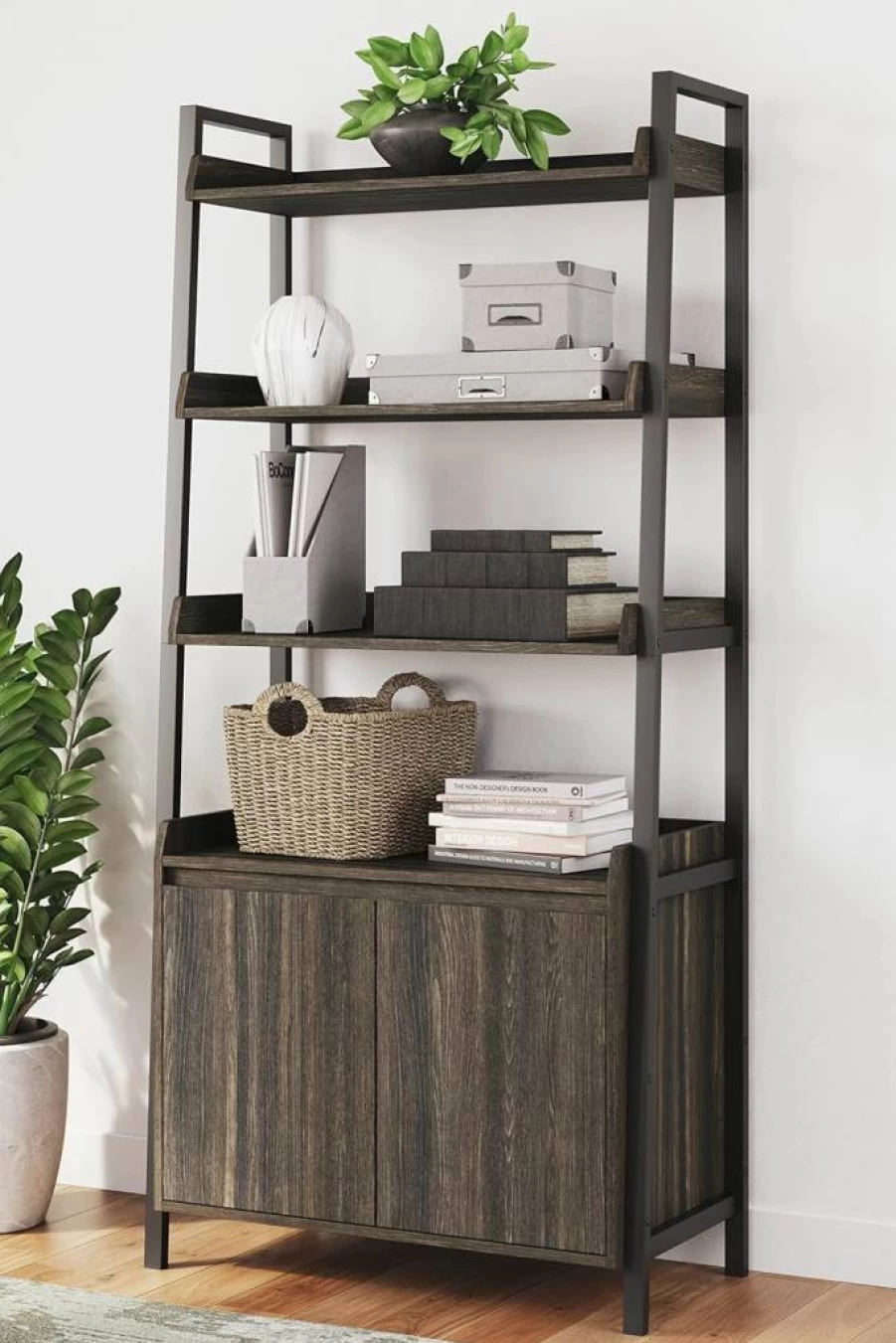 Signature Design by Ashley Zendex Modern Bookcase with Lower Cabinet - Dark Brown Wood Storage Shelf for Living Room, Office