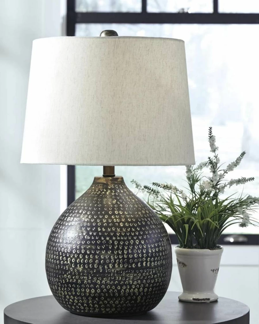 Signature Design by Ashley Magalie Modern 23-inch Hammered Aluminum Table Lamp in Antique Silver Finish