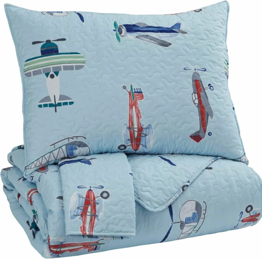 Signature Design by Ashley McAllen Kids' Airplane Bedding Set - Full Size Blue Quilt & Sham, Children's Room Decor