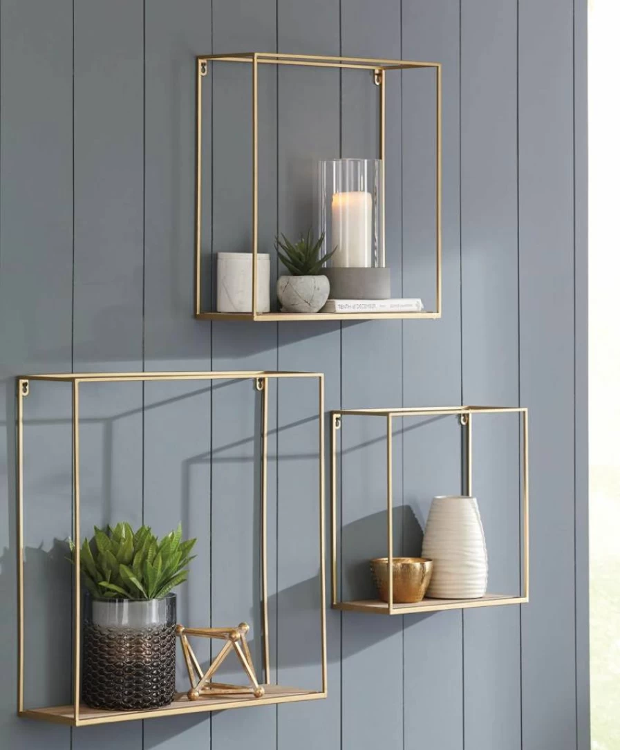 Signature Design by Ashley Efharis 3-Piece Wall Shelf Set in Natural & Gold Finish - Decorative Shadow Box Shelves