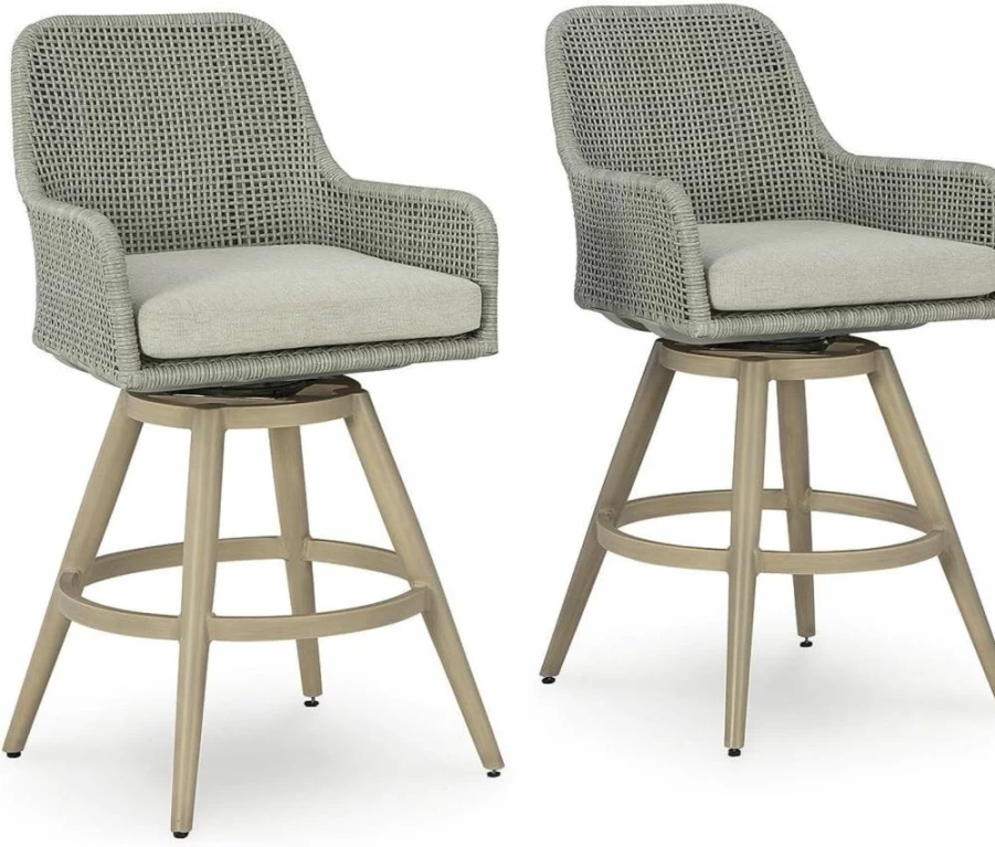 Signature Design by Ashley Seton Creek 2-Piece Outdoor Swivel Bar Stool Set with Cushion, Weather-Resistant Resin Wicker, Footrest & Armrest, Beige & Light Gray