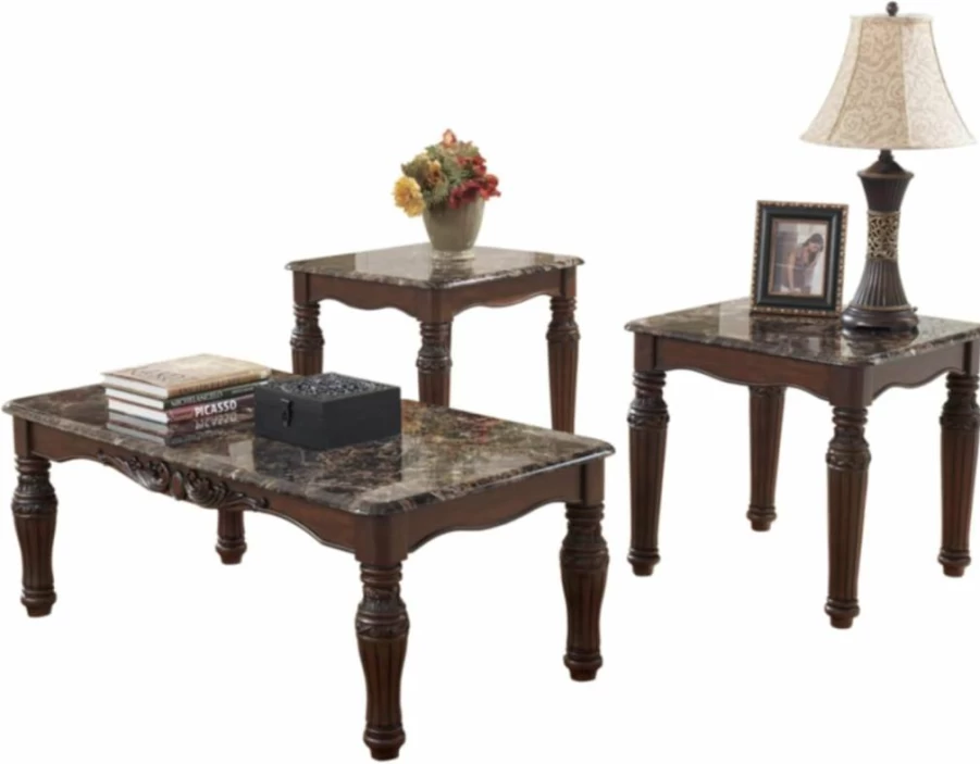 Signature Design by Ashley North Shore 3-Piece Coffee Table Set with 2 End Tables - Traditional Dark Brown Faux Marble Living Room Furniture