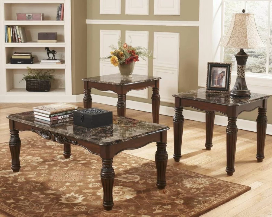 Signature Design by Ashley North Shore 3-Piece Coffee Table Set with 2 End Tables - Traditional Dark Brown Faux Marble Living Room Furniture