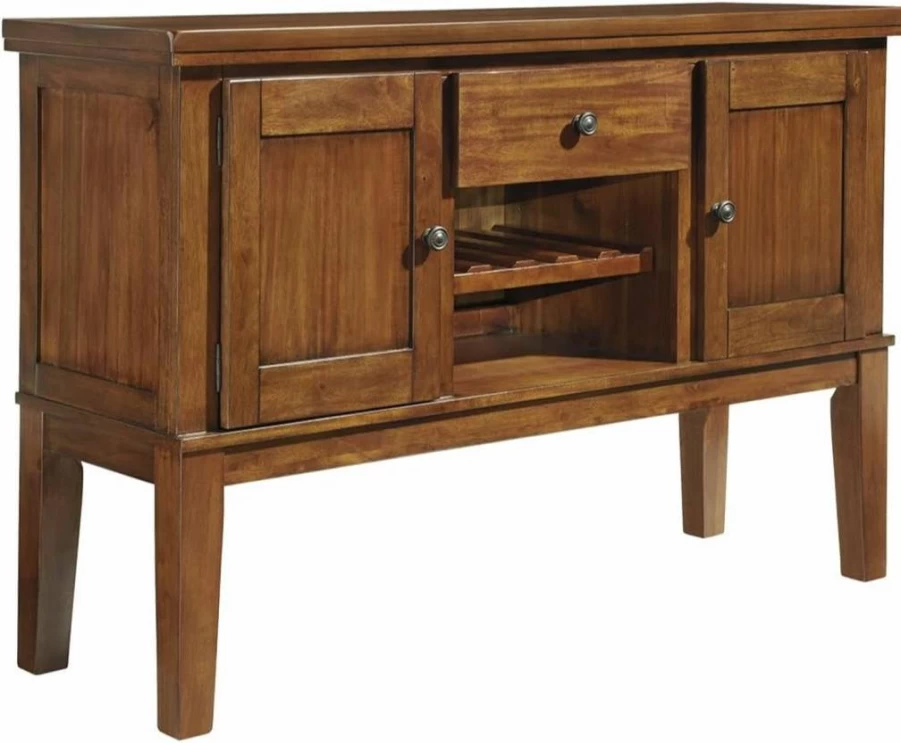Signature Design by Ashley Ralene Rustic Buffet Cabinet with Wine Storage, Distressed Medium Brown Finish, Dining Room Sideboard