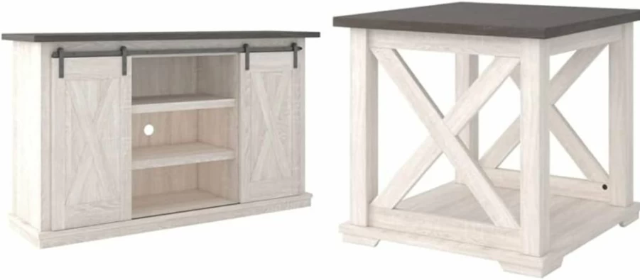 Signature Design by Ashley Dorrinson 50" Farmhouse TV Stand with Sliding Barn Doors, Storage Shelves, Whitewash & Gray Finish