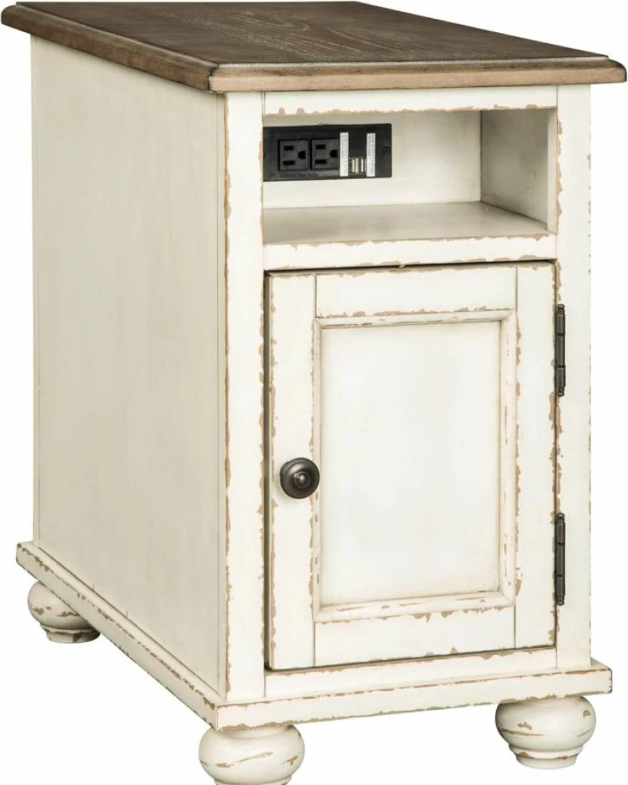 Signature Design by Ashley Realyn Farmhouse Side Table with Storage Cabinet - Antique White & Brown End Table for Living Room