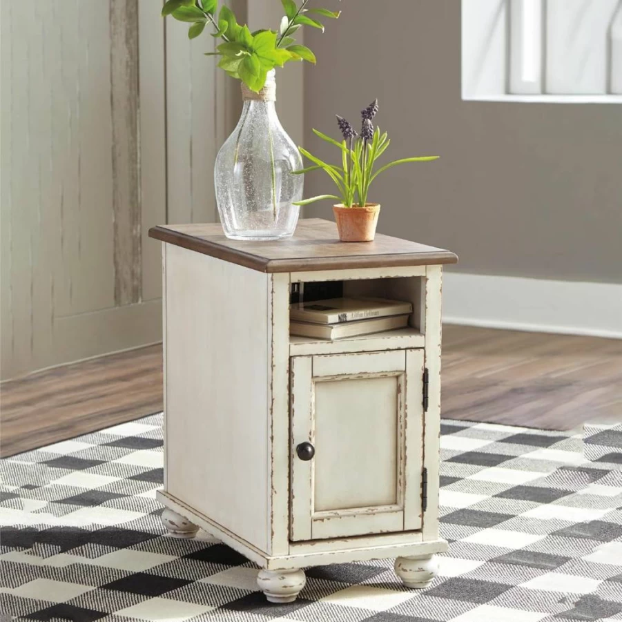 Signature Design by Ashley Realyn Farmhouse Side Table with Storage Cabinet - Antique White & Brown End Table for Living Room