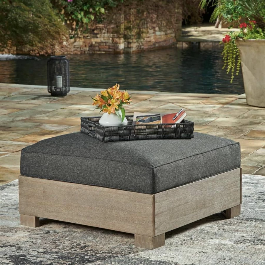 Signature Design by Ashley Citrine Park Outdoor Ottoman with Cushion - Light Brown & Gray Casual Patio Furniture