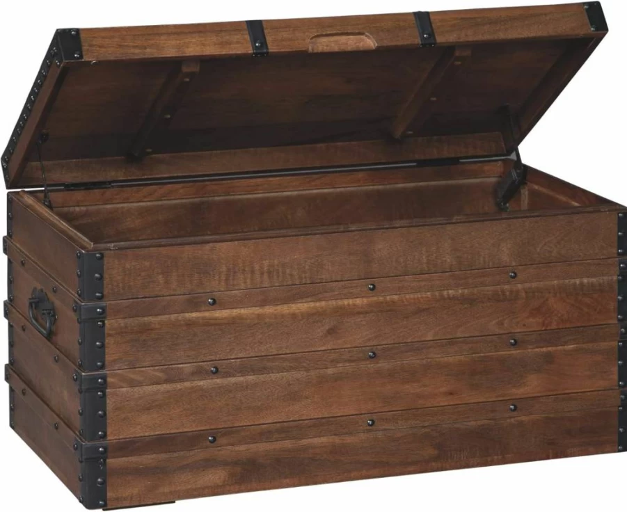 Signature Design by Ashley Kettleby 19" Vintage Brown Wood Storage Trunk Coffee Table with Lift Top
