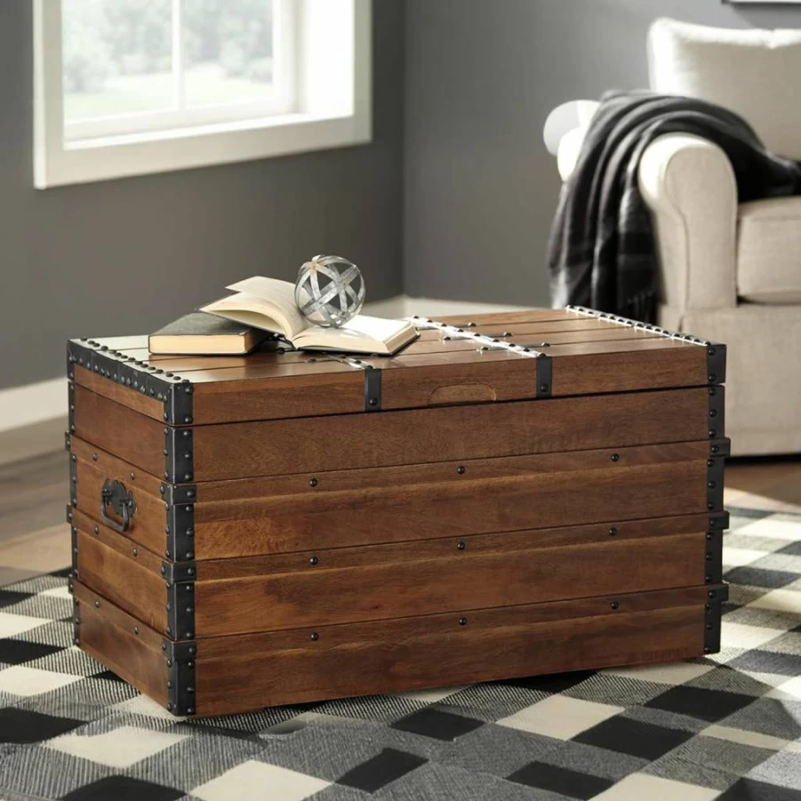 Signature Design by Ashley Kettleby 19" Vintage Brown Wood Storage Trunk Coffee Table with Lift Top