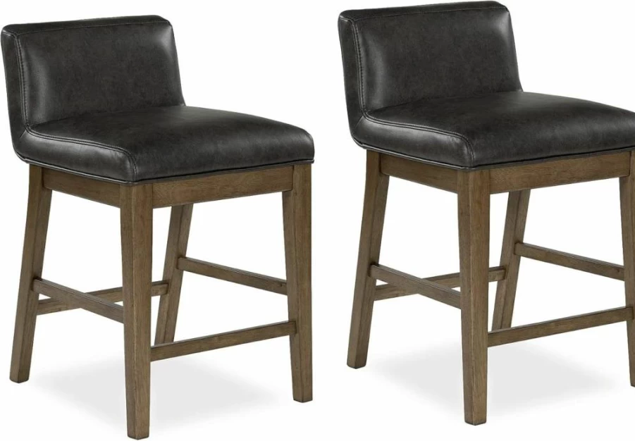 Signature Design by Ashley Cabalynn Light Brown & Black Faux Leather Counter Height Bar Stool Set of 2 with Footrest, Low Back Casual Dining Stools