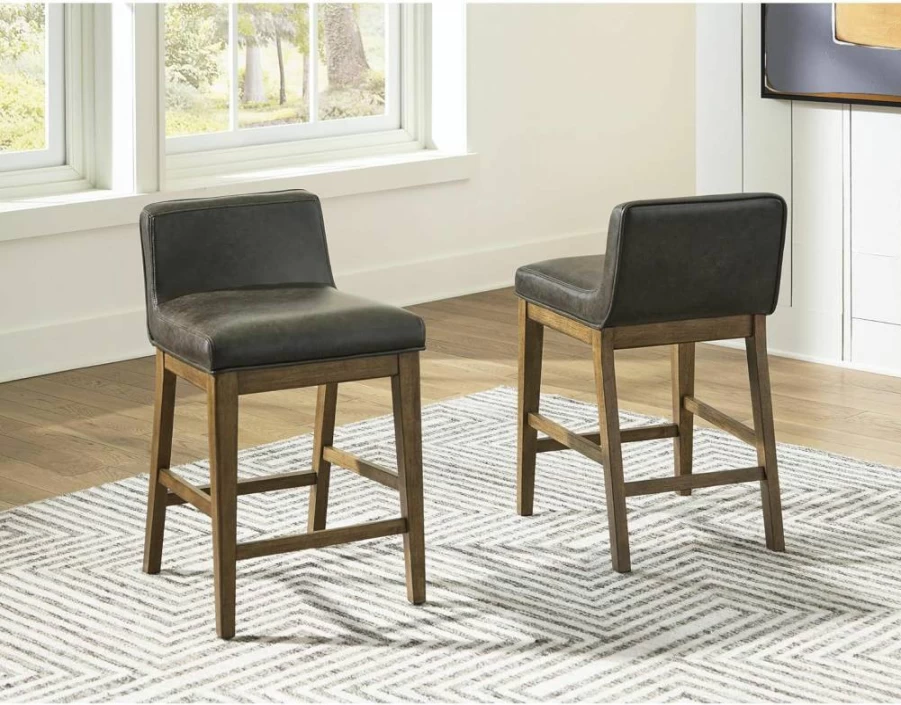 Signature Design by Ashley Cabalynn Light Brown & Black Faux Leather Counter Height Bar Stool Set of 2 with Footrest, Low Back Casual Dining Stools