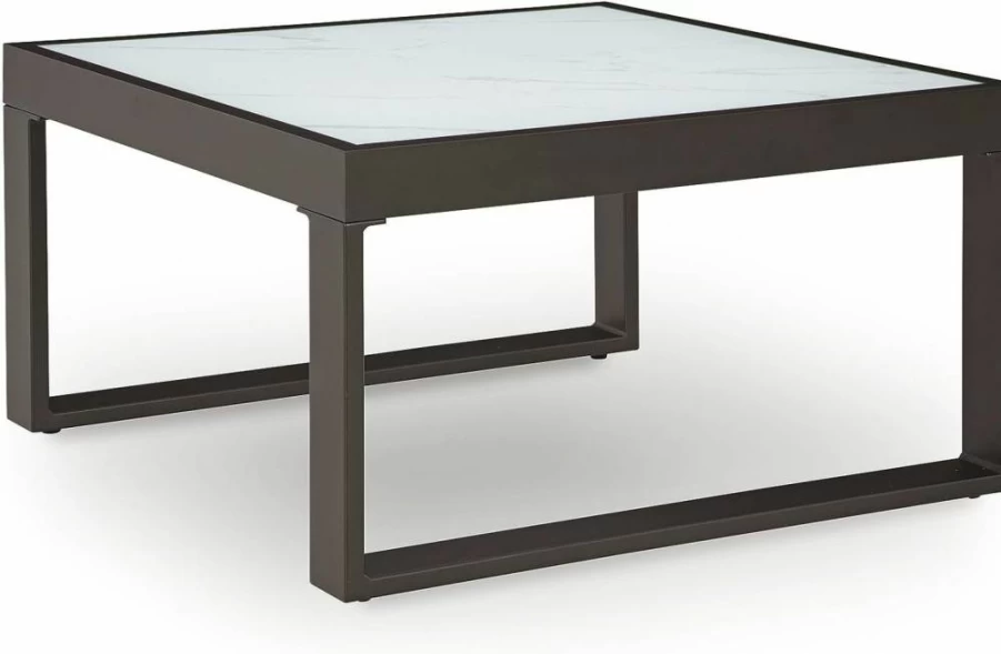Signature Design by Ashley Beachloft Outdoor Coffee Table with Glass Top and Sled Base in Gray & Black - Casual Patio Furniture