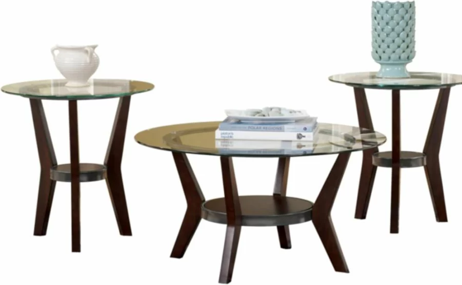 Signature Design by Ashley Fantell Contemporary Dark Brown Circular Glass Top Cocktail Table with 2 End Tables, 34"W x 34"D x 18.63"H, Occasional Set