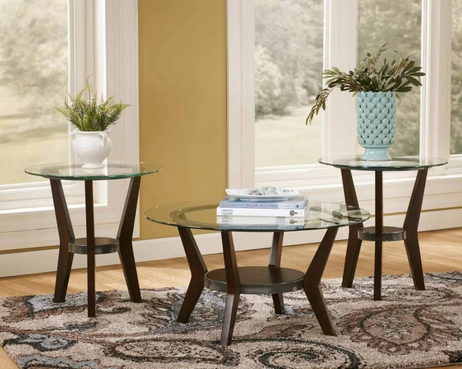 Signature Design by Ashley Fantell Contemporary Dark Brown Circular Glass Top Cocktail Table with 2 End Tables, 34"W x 34"D x 18.63"H, Occasional Set