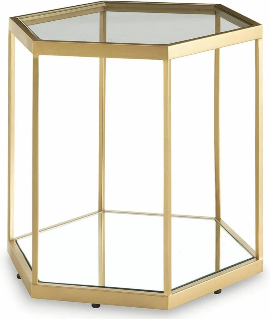 Signature Design by Ashley Veerwick Glam Metal Accent Table - Gold Metallic Finish with Tempered Glass Top and Lower Shelf, Modern Side Table for Living Room