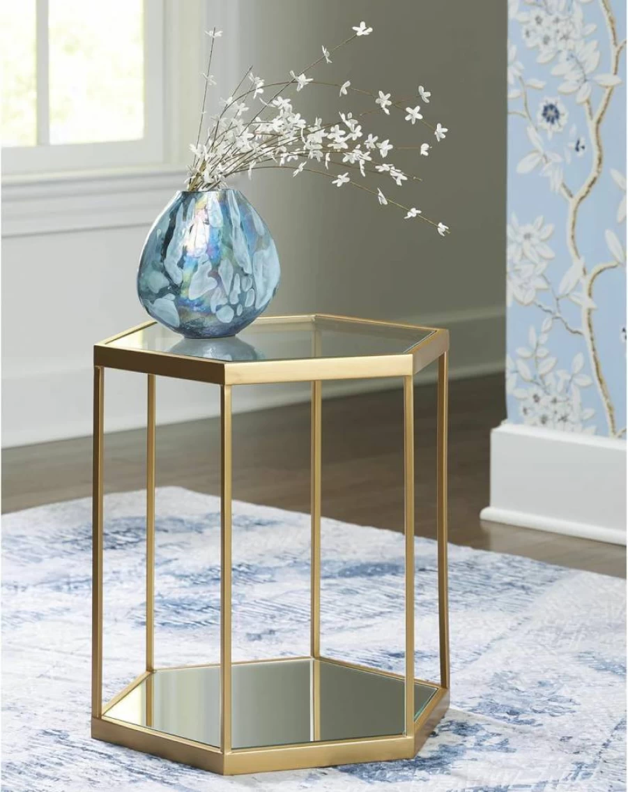 Signature Design by Ashley Veerwick Glam Metal Accent Table - Gold Metallic Finish with Tempered Glass Top and Lower Shelf, Modern Side Table for Living Room