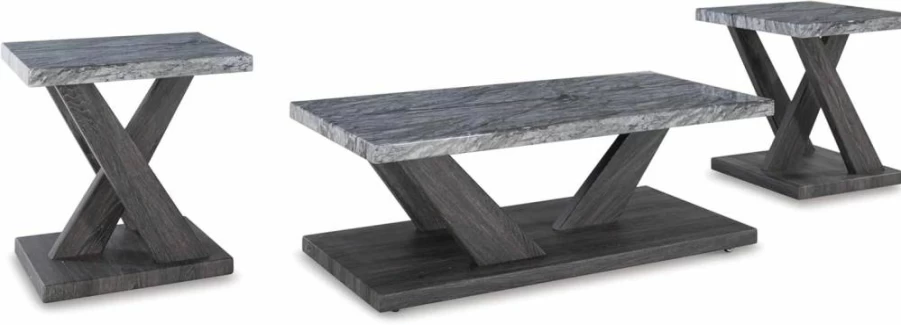 Signature Design by Ashley Bensonale 3-Piece Contemporary Occasional Table Set with Faux Marble Top, Casters - Gray & Dark Brown Living Room End Tables