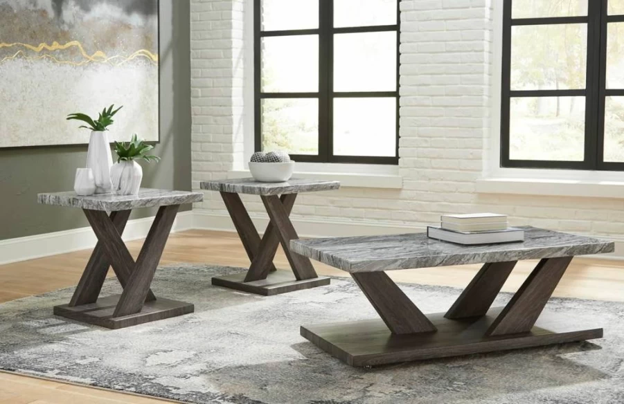 Signature Design by Ashley Bensonale 3-Piece Contemporary Occasional Table Set with Faux Marble Top, Casters - Gray & Dark Brown Living Room End Tables