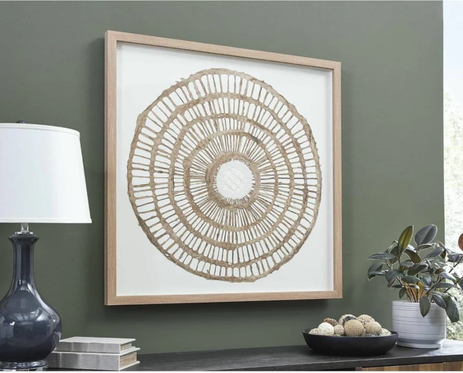 Bohemian Framed Geometric Wall Art Sculpture in Tan & White - Signature Design by Ashley