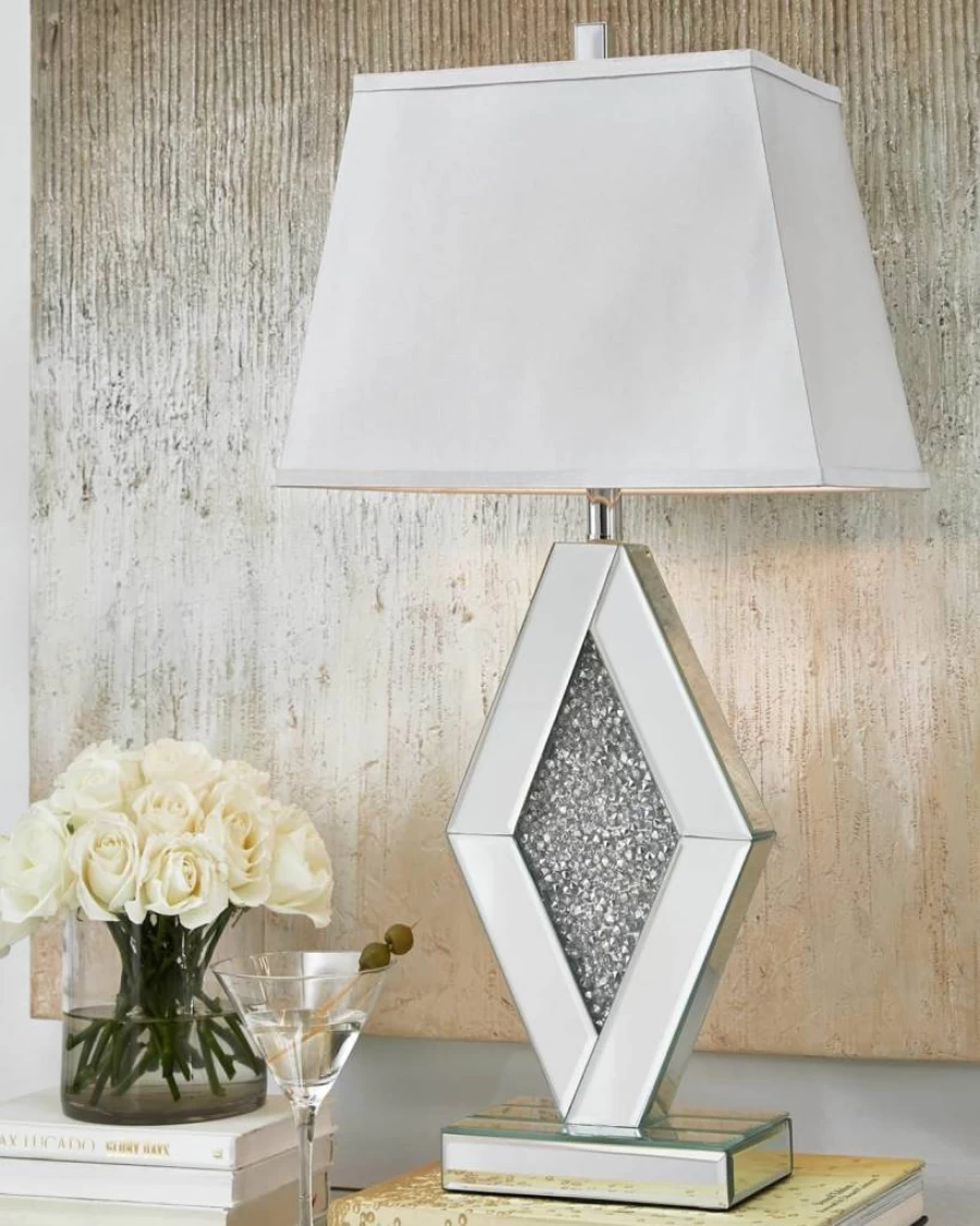 Signature Design by Ashley Prunella 30" Silver Crystal Bead Table Lamp with Mirrored Glass - Glam Decor Lighting