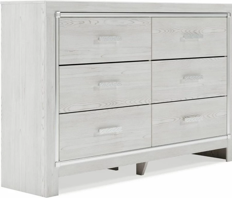 Signature Design by Ashley Lodanna 6-Drawer Dresser - Gray Wood Grain, Modern Glam Design with Chrome Accents