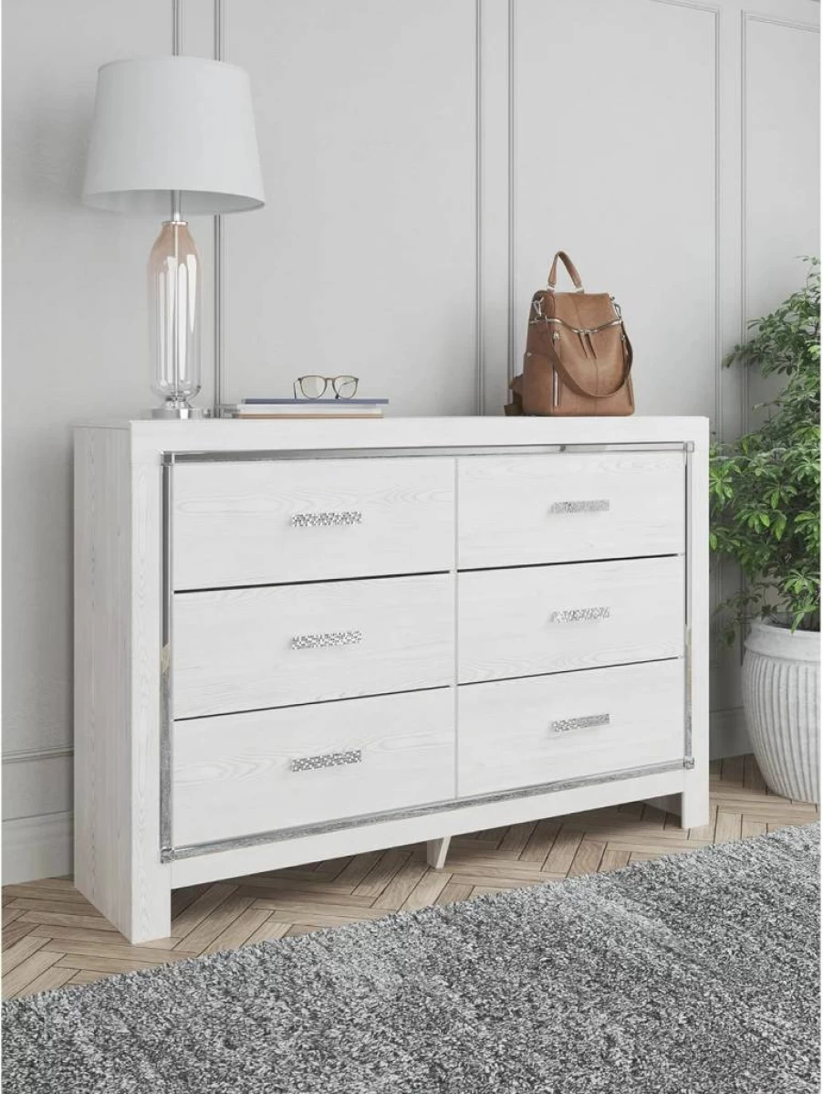 Signature Design by Ashley Lodanna 6-Drawer Dresser - Gray Wood Grain, Modern Glam Design with Chrome Accents