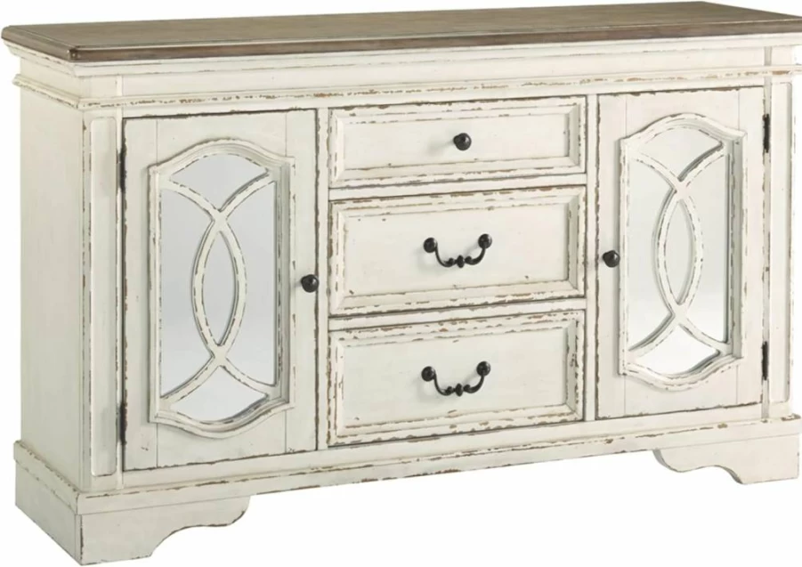 Signature Design by Ashley Realyn French Country Distressed Buffet Cabinet - Chipped White Finish, Dining Room Storage Server