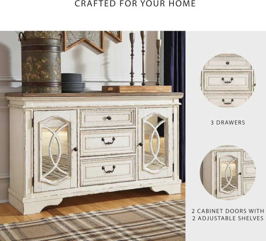 Signature Design by Ashley Realyn French Country Distressed Buffet Cabinet - Chipped White Finish, Dining Room Storage Server