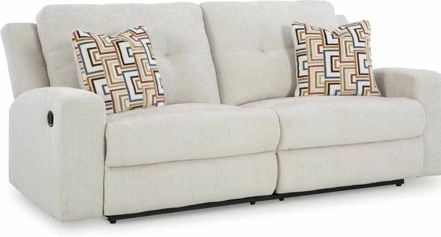 Signature Design by Ashley Danum Modern Tufted 2-Seater Manual Recliner Sofa with Accent Pillows, Beige Fabric Upholstery