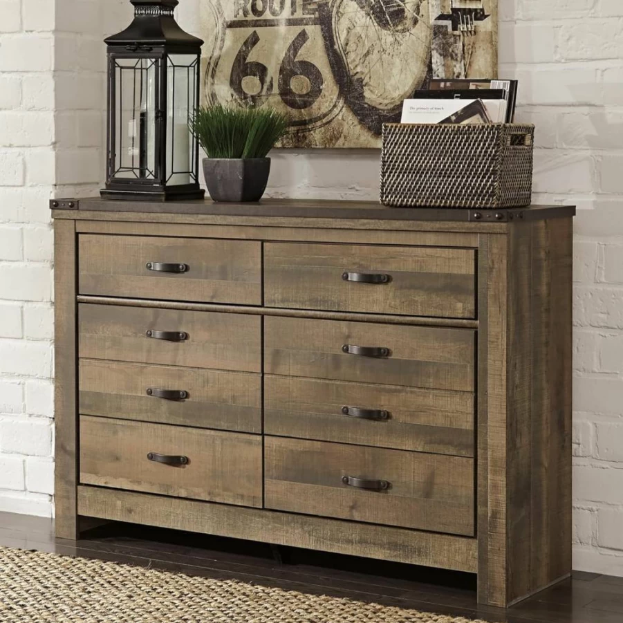 Signature Design by Ashley Trinell 6-Drawer Dresser with Safety Stop, Rustic Dark Brown Bedroom Chest