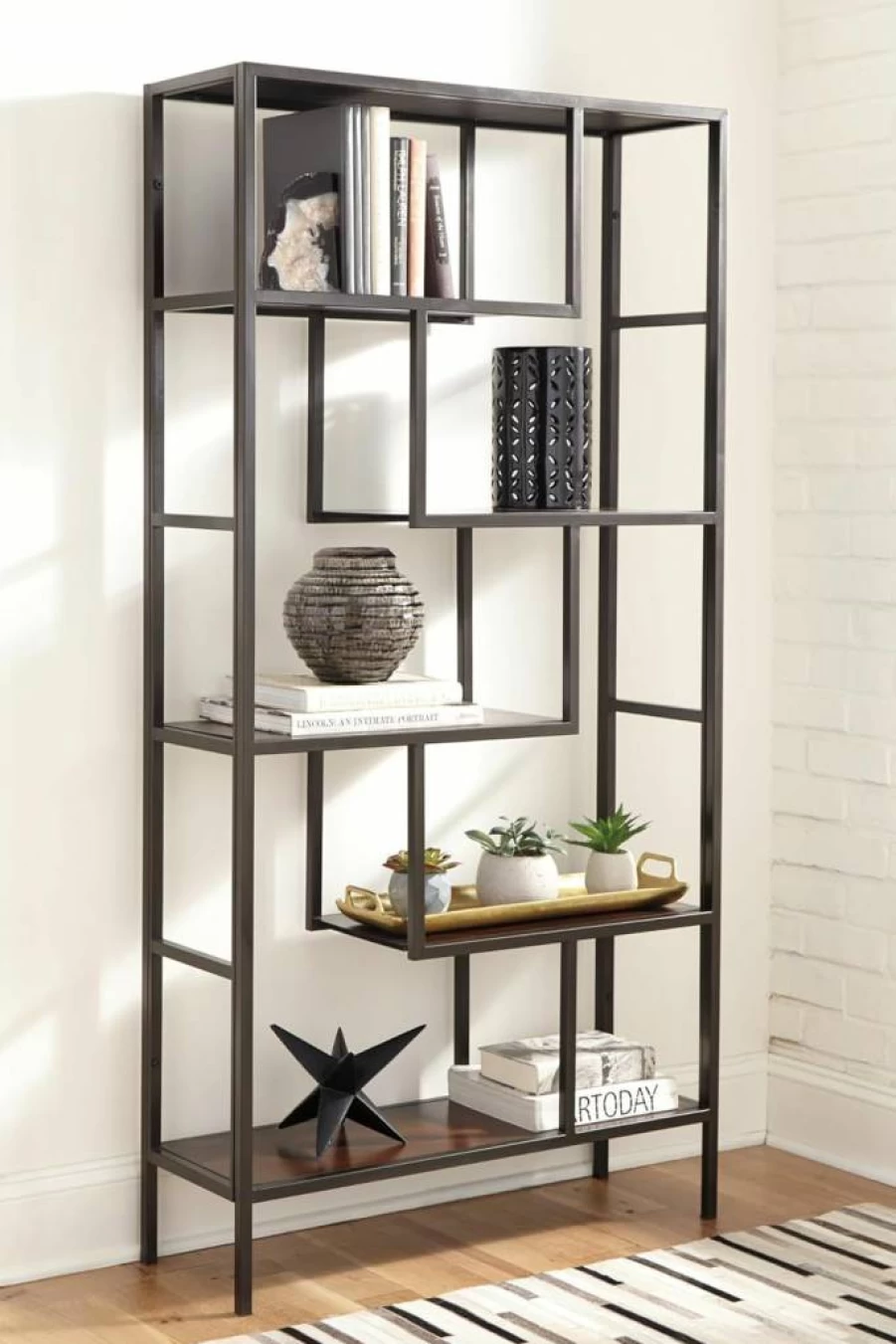 Signature Design by Ashley Frankwell Industrial 5-Shelf Bookcase - Geometric Brown & Black Wooden Book Shelf for Home Office