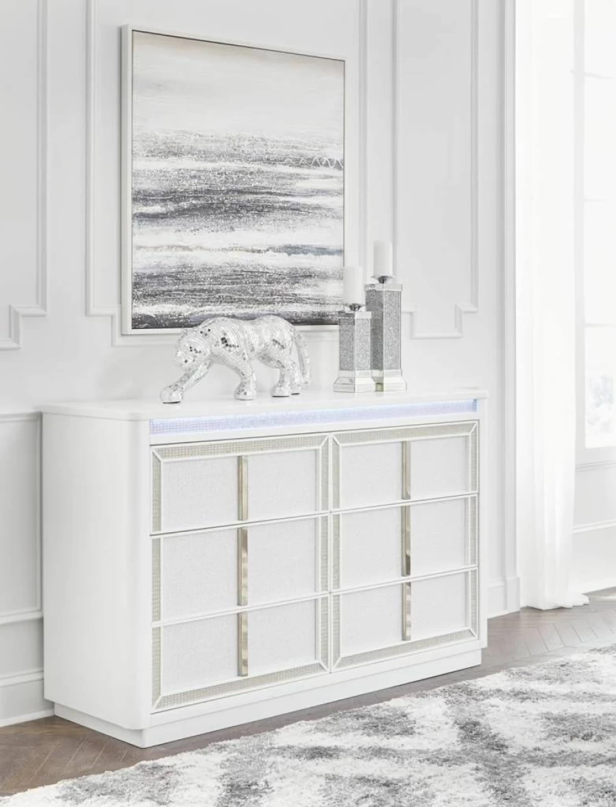 Signature Design by Ashley Chalanna 6-Drawer LED Dresser with Felt-Lined Drawer & Safety Stop, White Contemporary Bedroom Chest