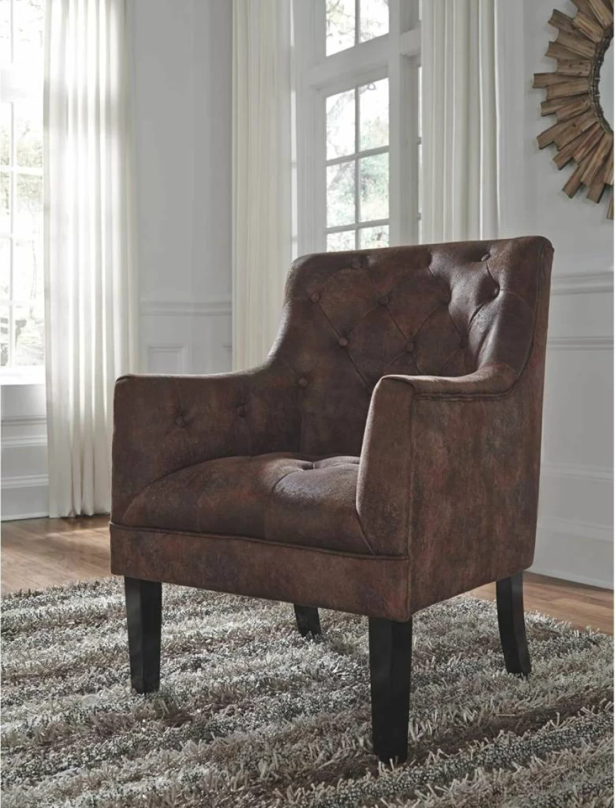 Signature Design by Ashley Drakelle Brown Faux Leather Tufted Accent Chair with Distressed Finish