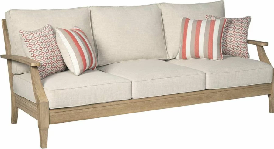 Signature Design by Ashley Clareview Coastal Outdoor Eucalyptus Loveseat with Beige Cushions – Weather-Resistant Patio Furniture