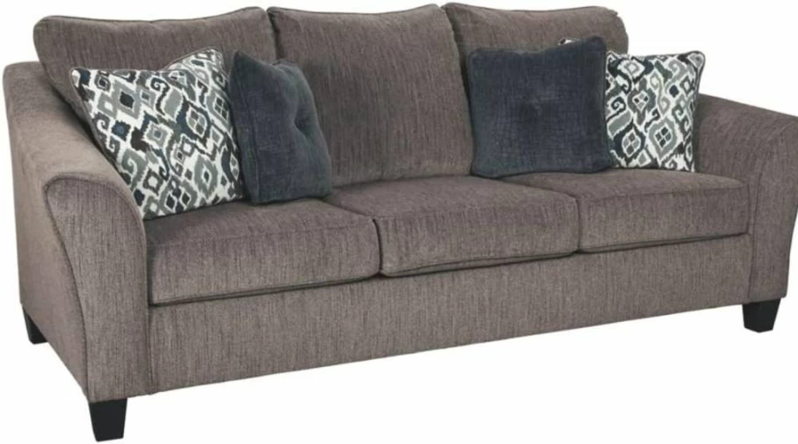 Signature Design by Ashley Nemoli Modern Queen Sleeper Sofa with Chenille Upholstery & 4 Decorative Pillows, Gray Contemporary Convertible Couch