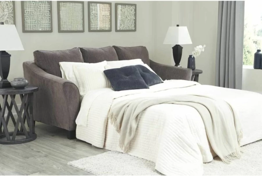 Signature Design by Ashley Nemoli Modern Queen Sleeper Sofa with Chenille Upholstery & 4 Decorative Pillows, Gray Contemporary Convertible Couch