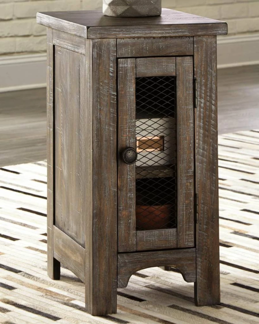 Signature Design by Ashley Wystfield Farmhouse Side Table with Storage Cabinet - Distressed White & Brown Finish