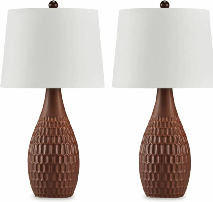 Signature Design by Ashley Cartford Mid Century Modern Ceramic Table Lamp Set - 2-Piece Dark Brown & Beige 3-Way Switch Lamps for Living Room, Bedroom