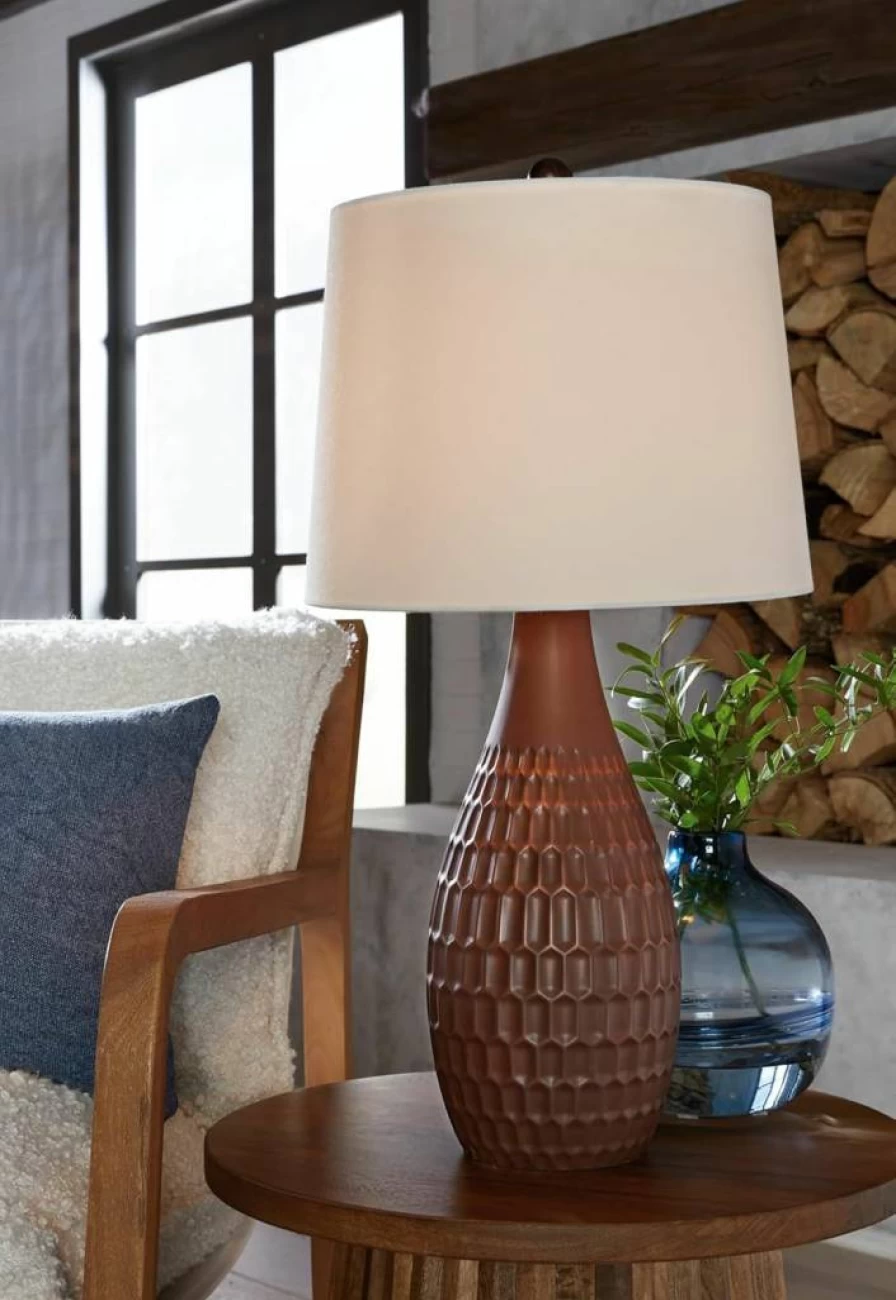 Signature Design by Ashley Cartford Mid Century Modern Ceramic Table Lamp Set - 2-Piece Dark Brown & Beige 3-Way Switch Lamps for Living Room, Bedroom