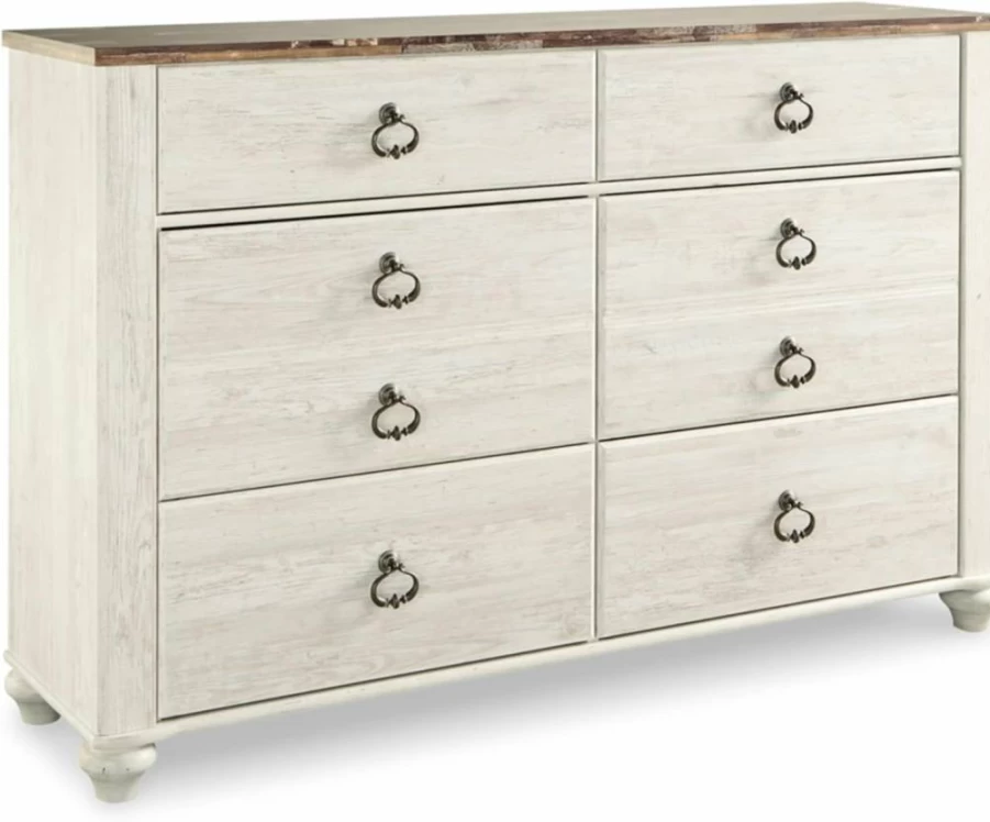 Signature Design by Ashley Willowton 6-Drawer Coastal Cottage Dresser with Faux Plank Top in Whitewash Finish