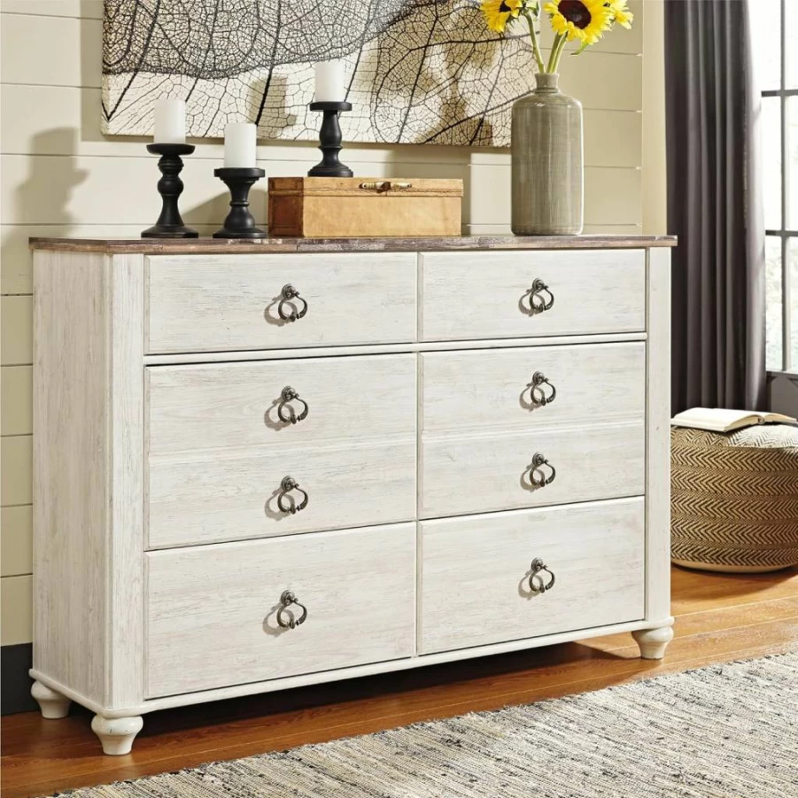 Signature Design by Ashley Willowton 6-Drawer Coastal Cottage Dresser with Faux Plank Top in Whitewash Finish