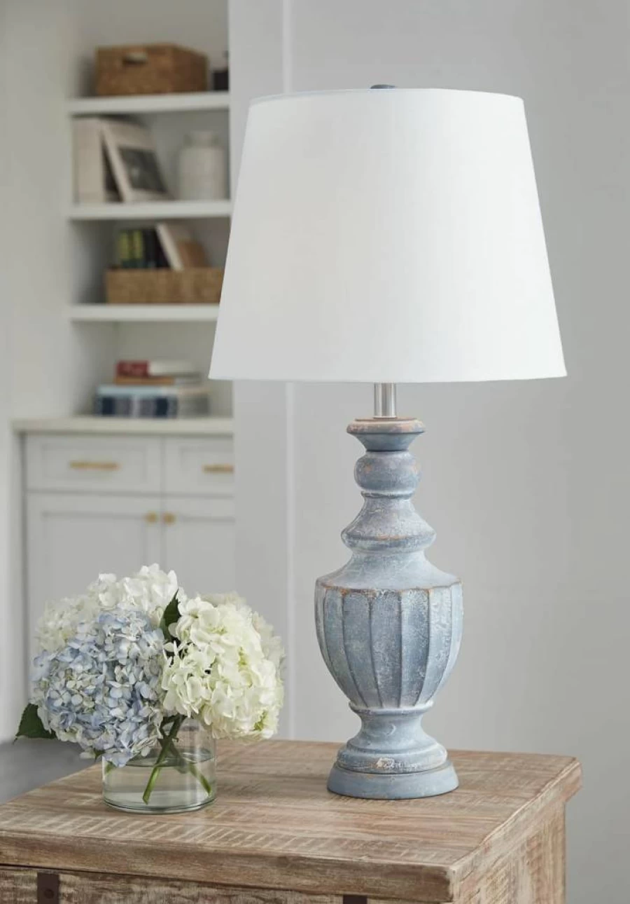 Signature Design by Ashley Cylerick Vintage Table Lamp - Terra Cotta & Wood Base, 3-Way Switch, Blue Shade