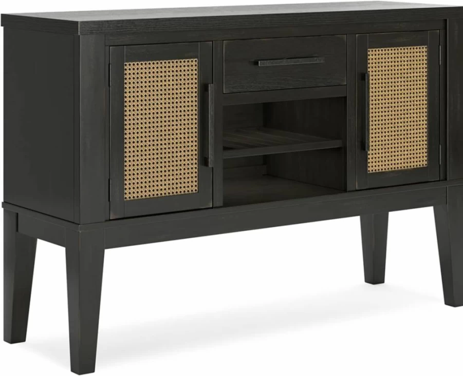Signature Design by Ashley Galliden Urban 2-Door Dining Server with Reversible Wine Rack, Adjustable Shelves, Felt-Lined Drawer in Black & Light Brown