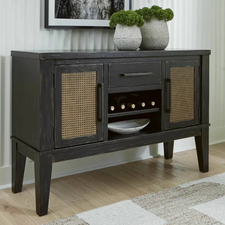 Signature Design by Ashley Galliden Urban 2-Door Dining Server with Reversible Wine Rack, Adjustable Shelves, Felt-Lined Drawer in Black & Light Brown