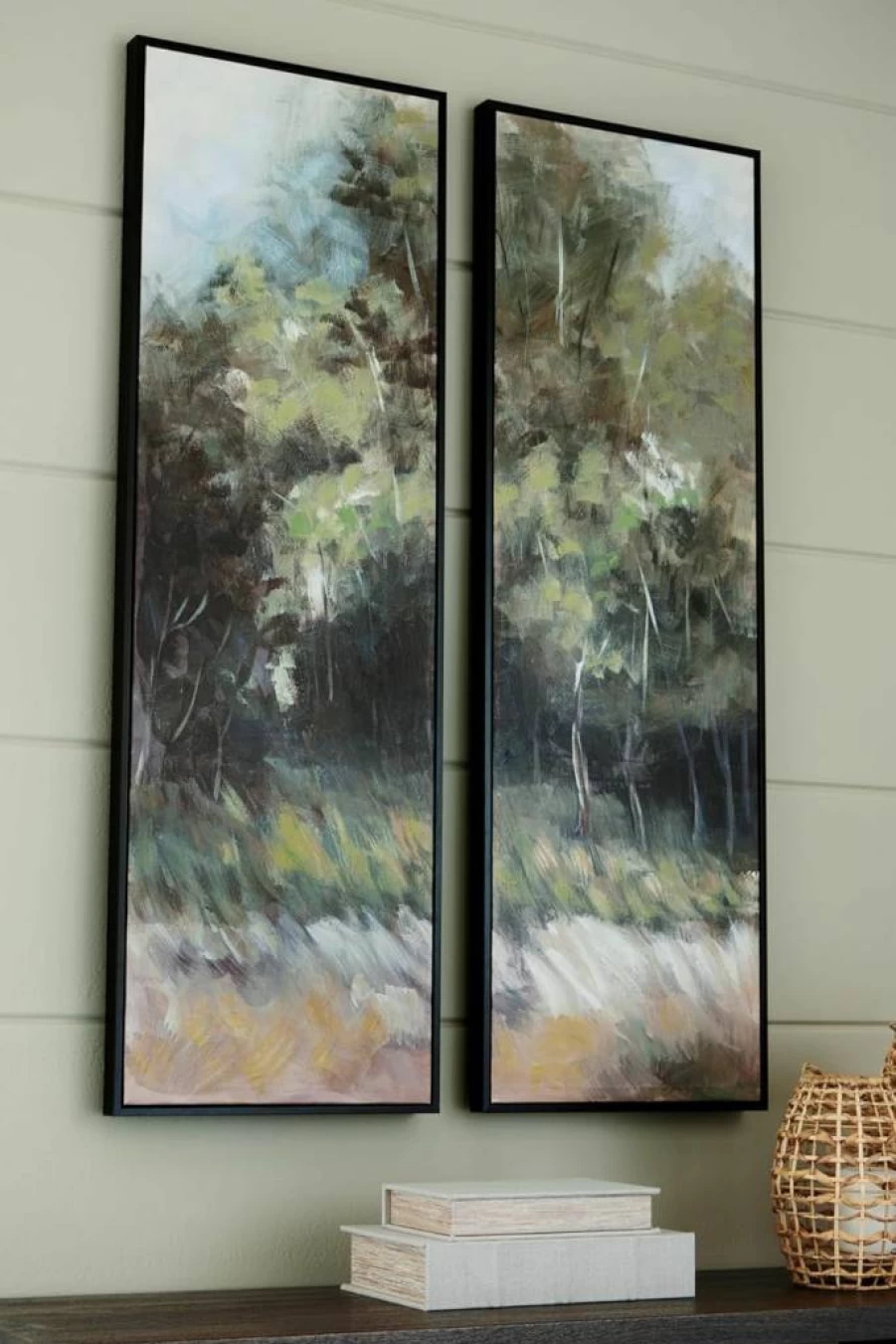 Signature Design by Ashley Dansot Modern Hand-Painted Canvas Wall Art Set - 2 Pieces 16x48 Inches, Green & Light Brown Abstract Painting, Ready to Hang