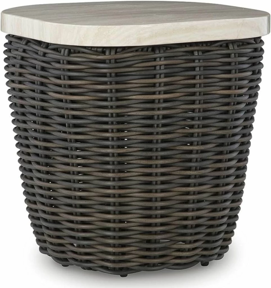 Signature Design by Ashley Kimora Cottage Outdoor End Table - Dark Brown & Beige Faux Marble Pedestal Side Table for Patio, Garden, Porch
