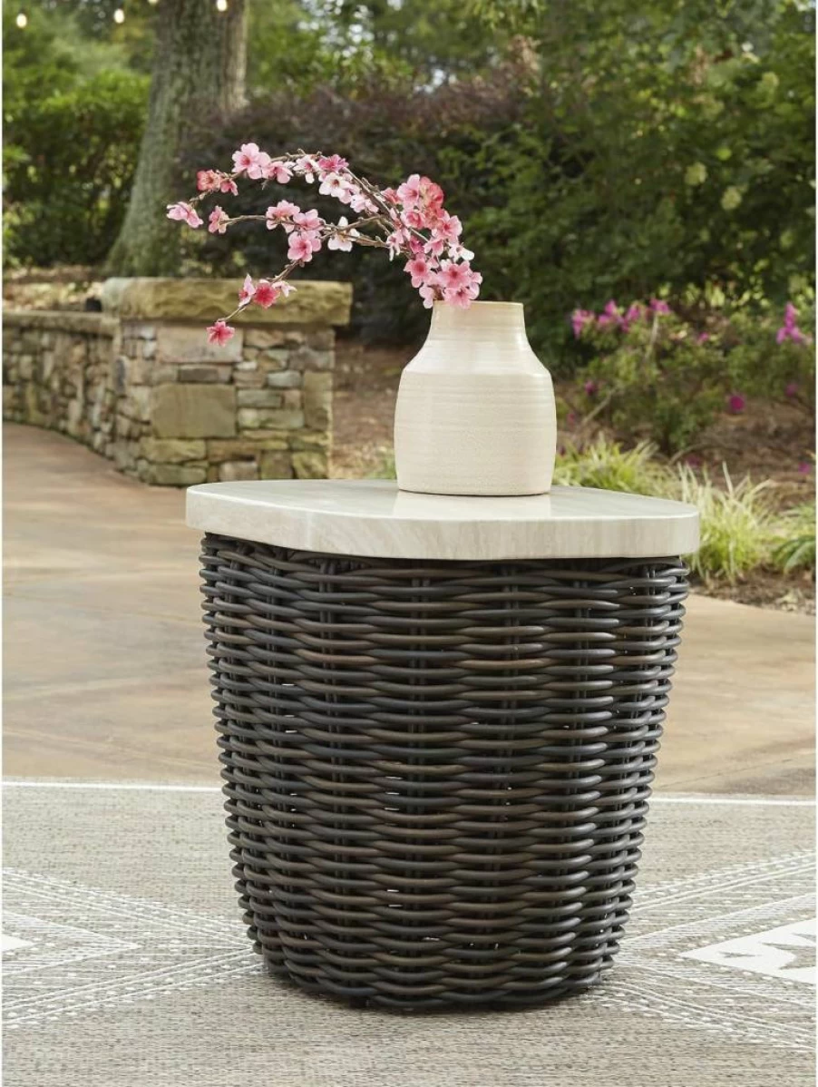 Signature Design by Ashley Kimora Cottage Outdoor End Table - Dark Brown & Beige Faux Marble Pedestal Side Table for Patio, Garden, Porch