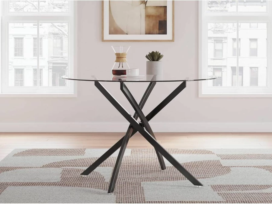 Signature Design by Ashley Pharwynn Black Modern Dining Table with Glass Top and Cross Base