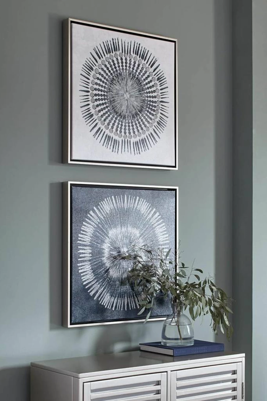 Signature Design by Ashley Monterey Modern Abstract Cotton Canvas Wall Art Set of 2, Blue and White, 26x26 Inches